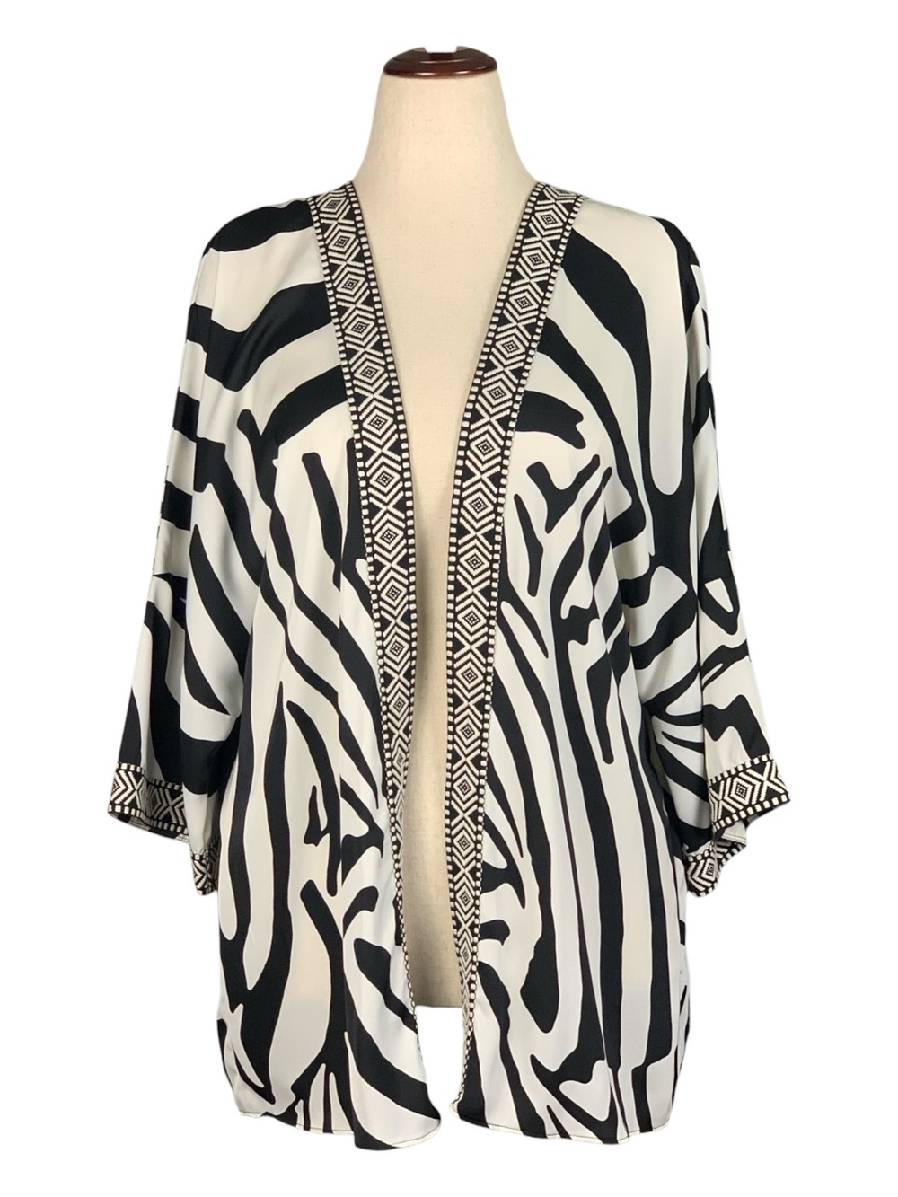 Worthington‎ Black White Zebra Print Embroidered Kimono Cardigan Large
